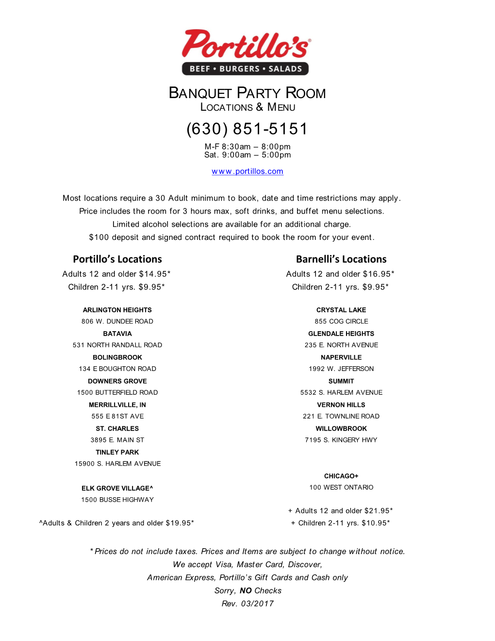 Banquet Party Room Locations & Menu