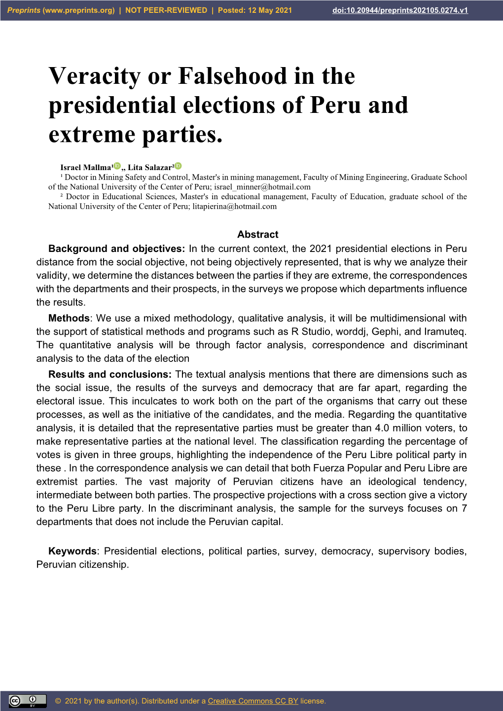 Veracity Or Falsehood in the Presidential Elections of Peru and Extreme Parties