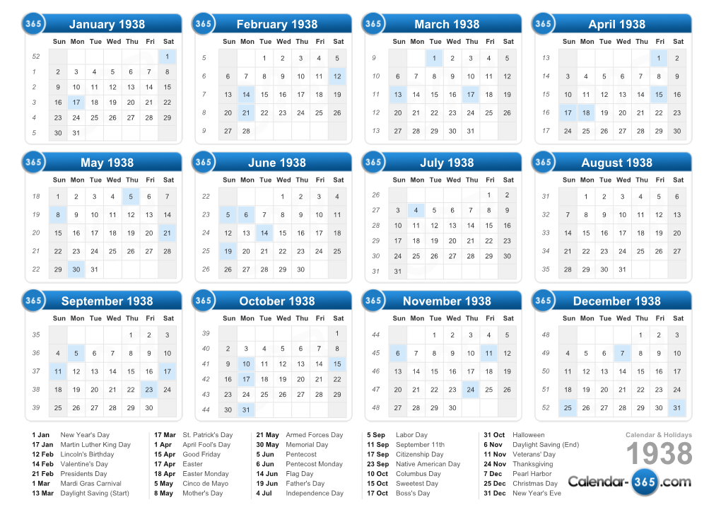 Calendar 1938 & Holidays 1938