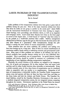 Labor Problems of the Transportation Industry Eli L