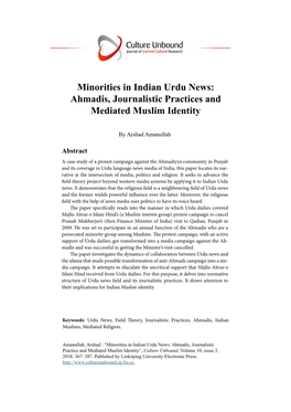 Minorities in Indian Urdu News: Ahmadis, Journalistic Practices and Mediated Muslim Identity