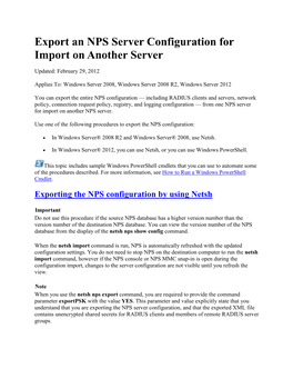 Export an NPS Server Configuration for Import on Another Server