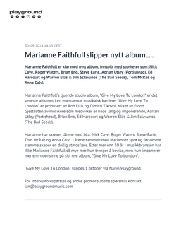 Marianne Faithfull Slipper Nytt Album