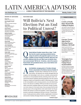 LATIN AMERICA ADVISOR a DAILY PUBLICATION of the DIALOGUE Monday, October 5, 2020