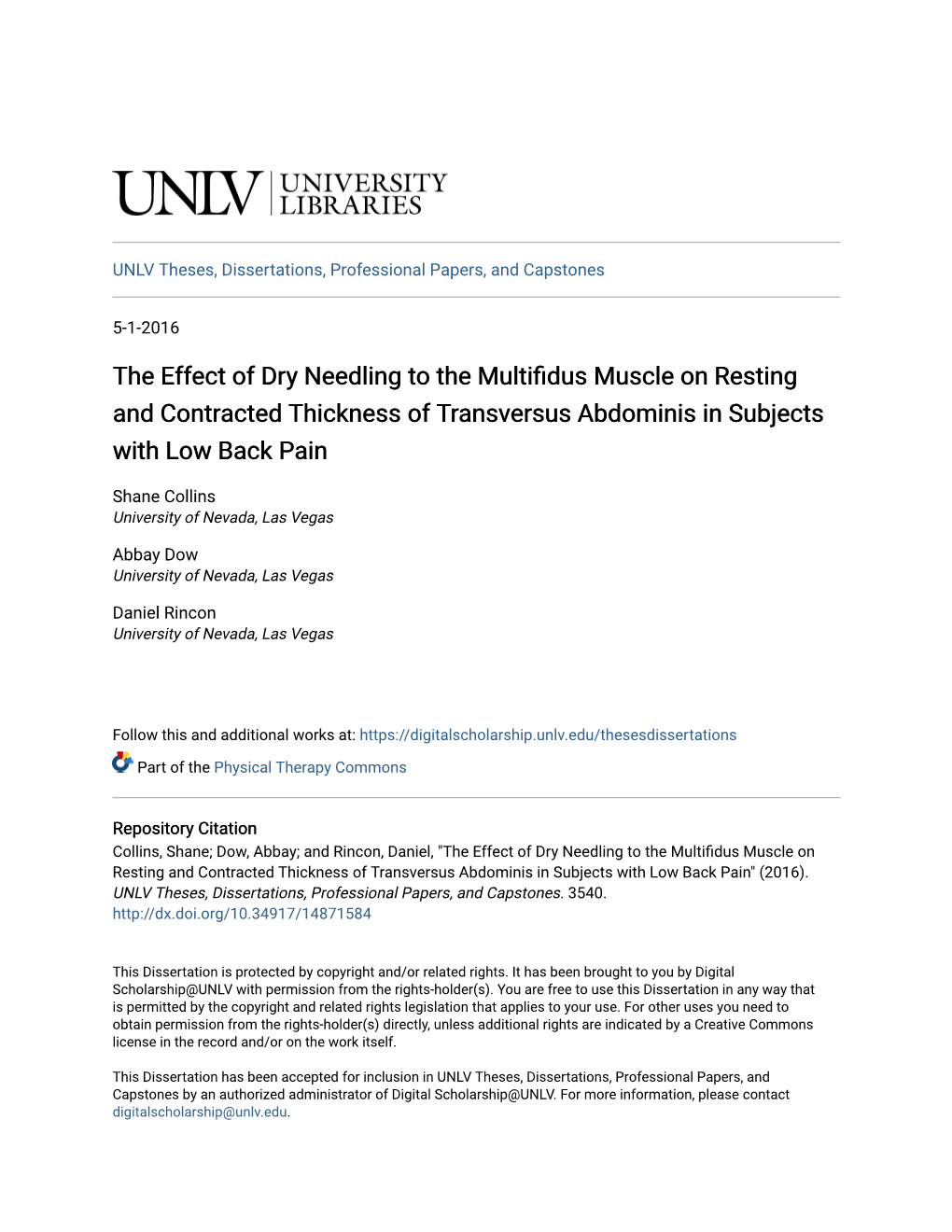 The Effect of Dry Needling to the Multifidus Muscle on Resting and Contracted Thickness of Transversus Abdominis in Subjects with Low Back Pain