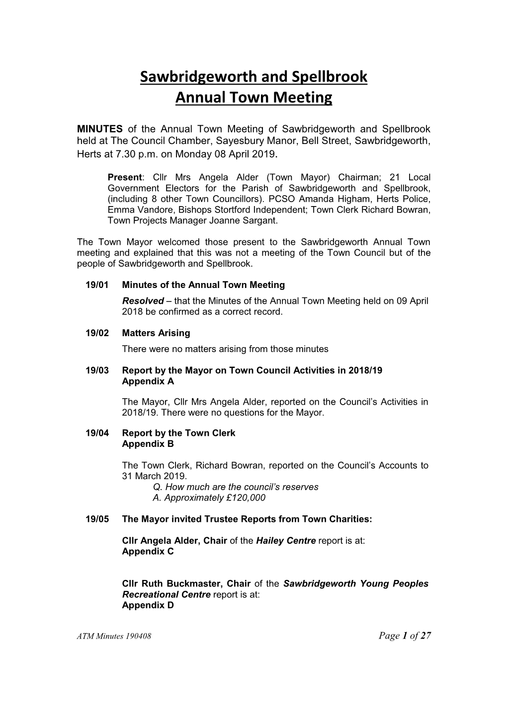 Sawbridgeworth and Spellbrook Annual Town Meeting