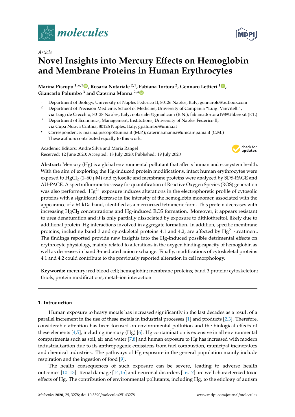 Novel Insights Into Mercury Effects on Hemoglobin and Membrane Proteins in Human Erythrocytes