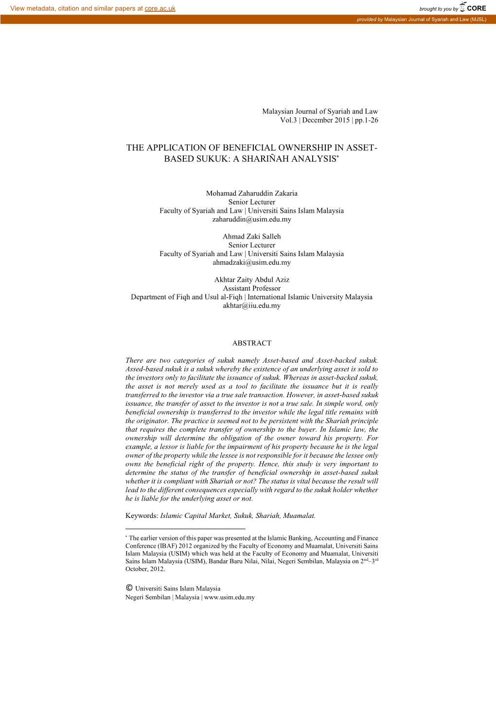 The Application of Beneficial Ownership in Asset- Based Sukuk: a Shariñah Analysis