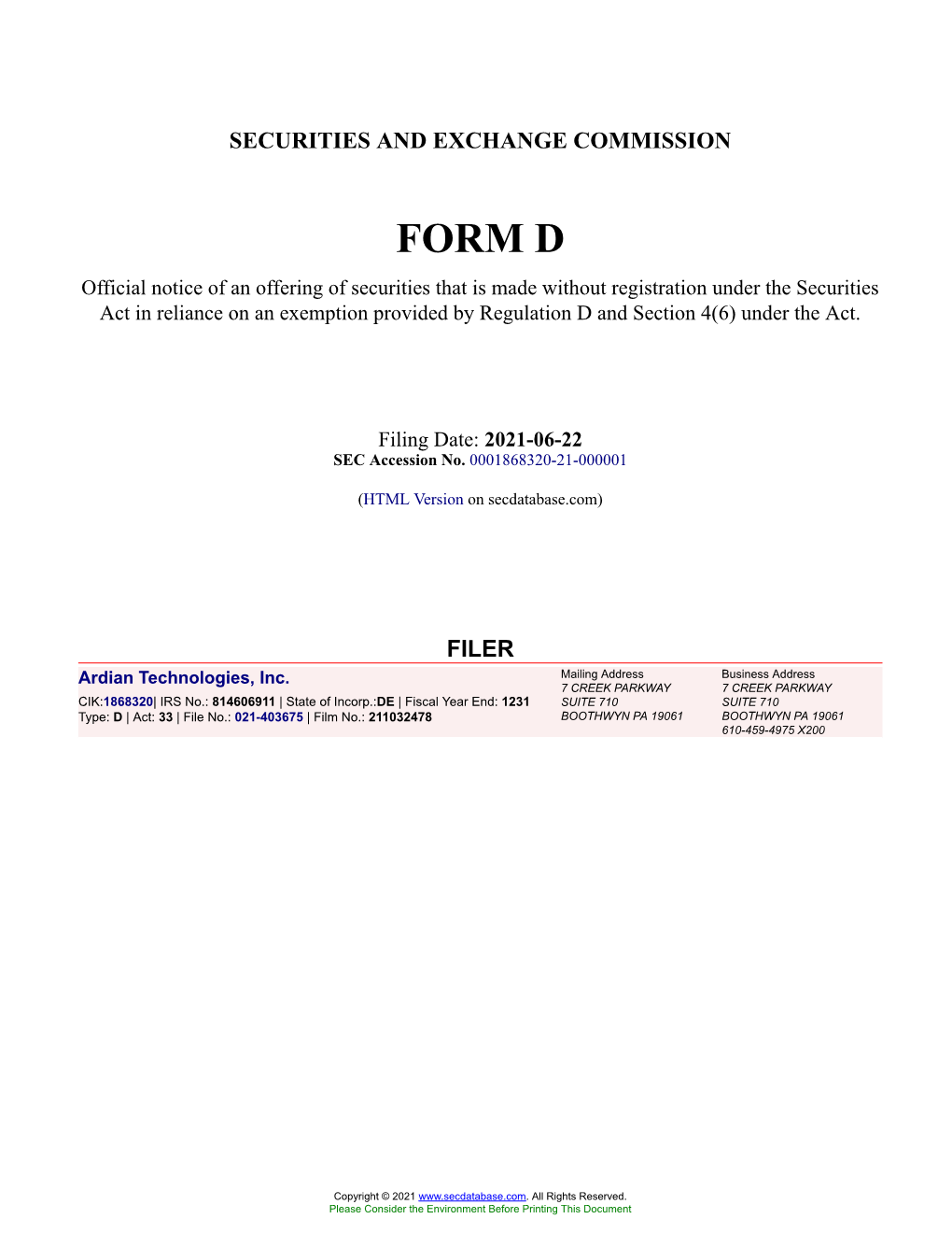 Ardian Technologies, Inc. Form D Filed 2021-06-22