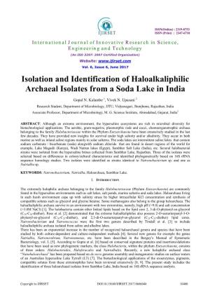 Isolation and Identification of Haloalkaliphilic Archaeal Isolates from a Soda Lake in India