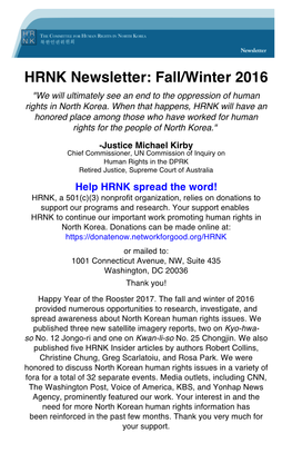 HRNK Newsletter: Fall/Winter 2016 "We Will Ultimately See an End to the Oppression of Human Rights in North Korea