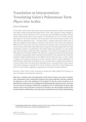 Translating Galen's Polysemous Term Physis Into Arabic