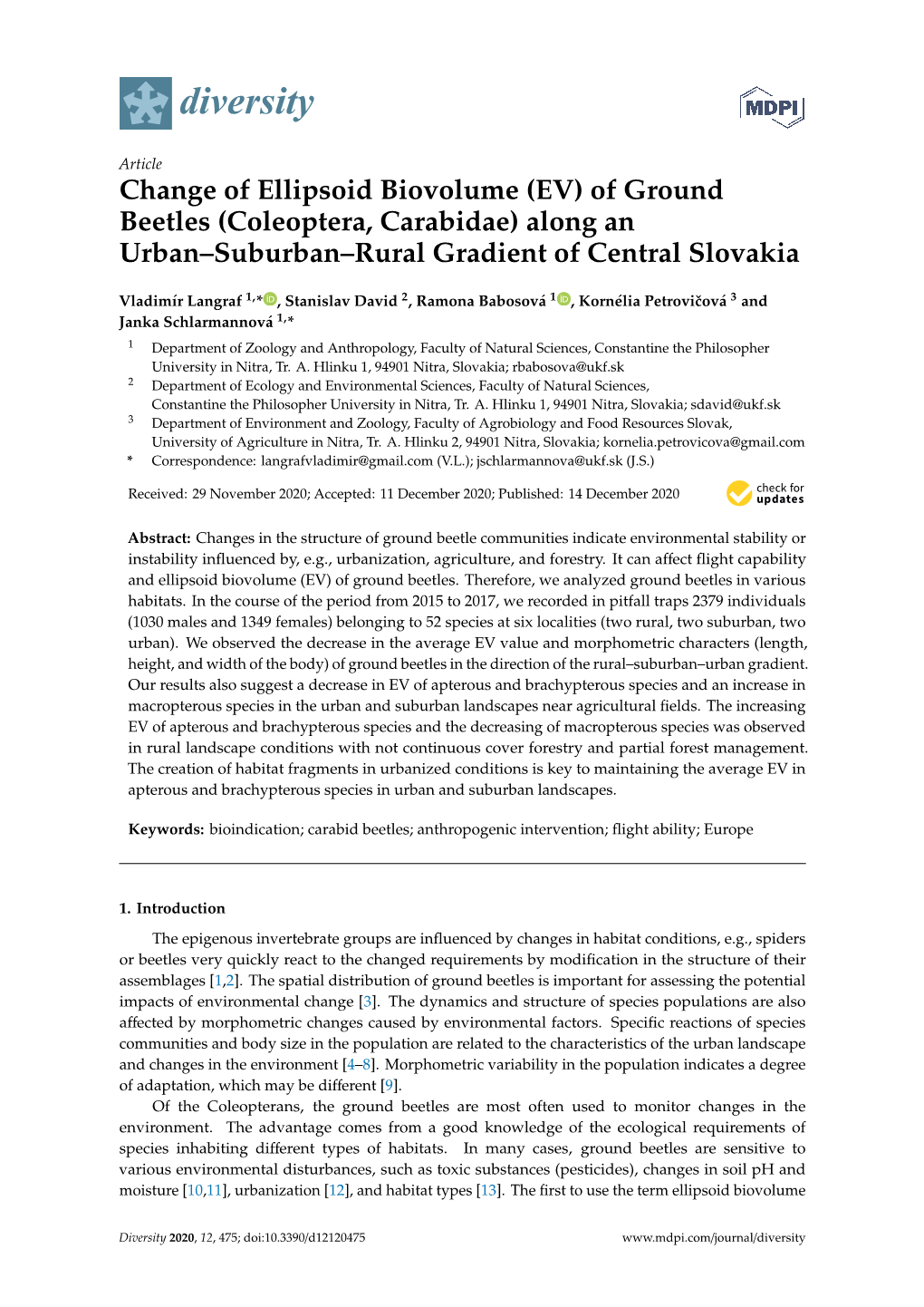 Of Ground Beetles (Coleoptera, Carabidae) Along an Urban–Suburban–Rural Gradient of Central Slovakia