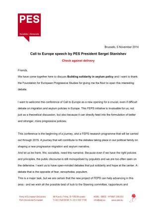 Call to Europe Speech by PES President Sergei Stanishev