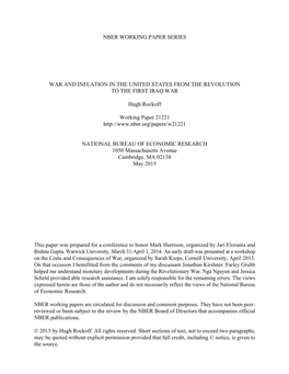 Nber Working Paper Series War and Inflation in The