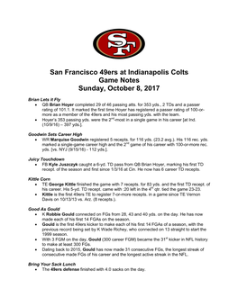 San Francisco 49Ers at Indianapolis Colts Game Notes Sunday, October 8, 2017