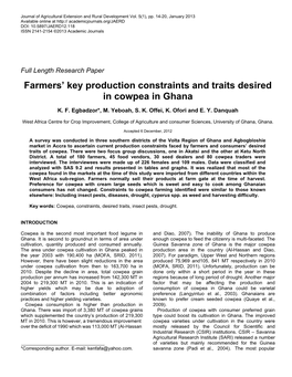 Farmers' Key Production Constraints and Traits Desired in Cowpea in Ghana