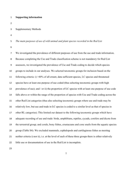 1 Supporting Information Supplementary Methods the Main Purposes of Use of Wild Animal and Plant Species Recorded in the Red