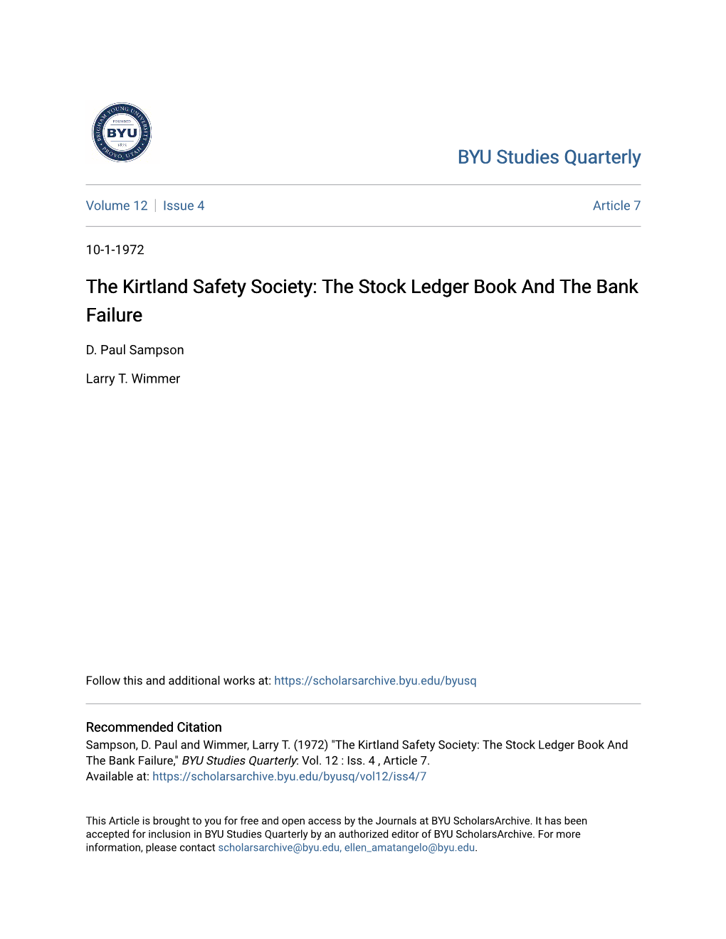 The Kirtland Safety Society: the Stock Ledger Book and the Bank Failure