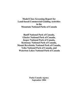 Model Class Screening Report for Land-Based Commercial Guiding Activities in the Mountain National Parks of Canada