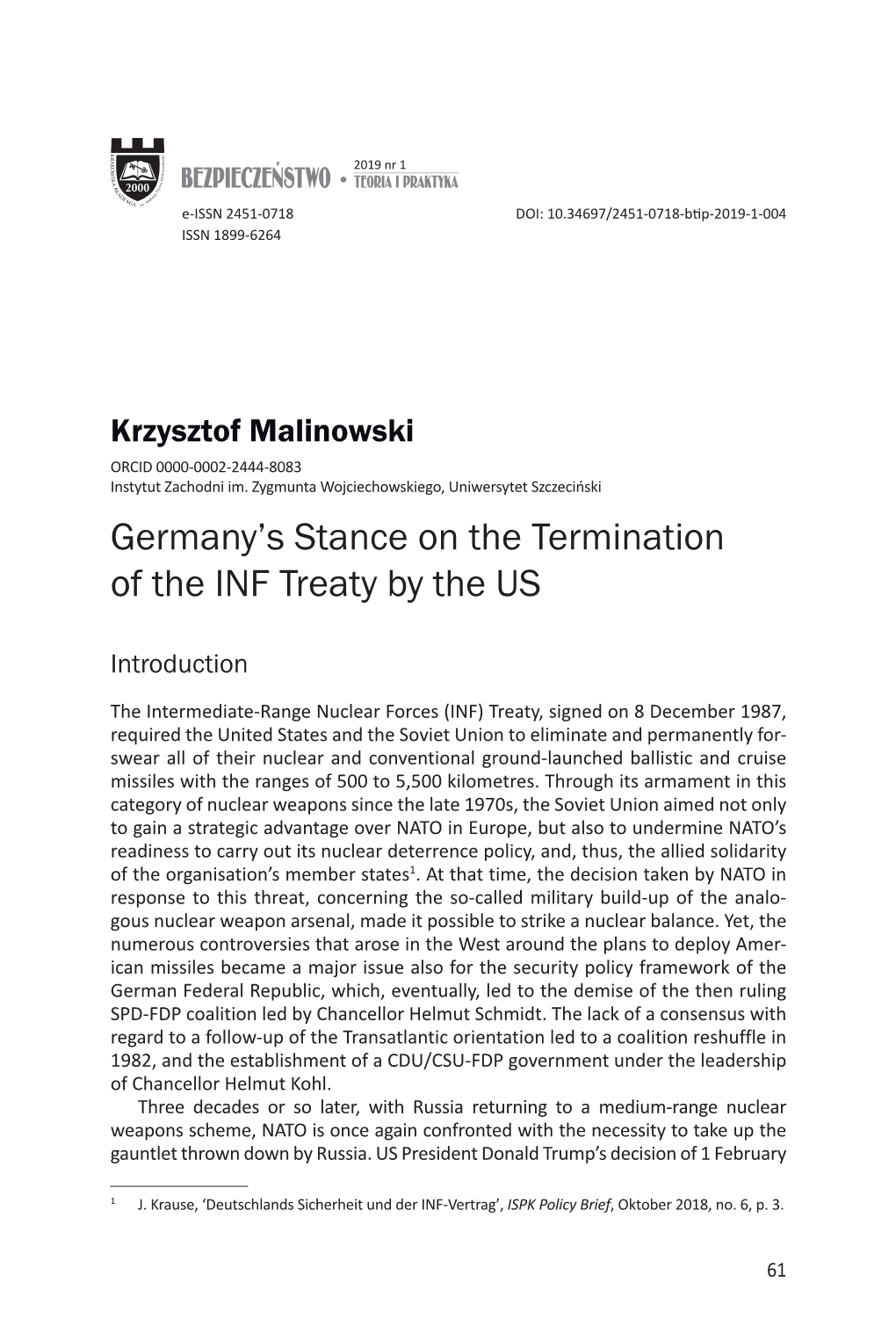 Germany's Stance on the Termination of the INF Treaty by the US