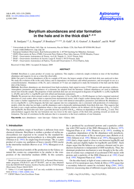 Beryllium Abundances and Star Formation in the Halo and in the Thick Disk�,