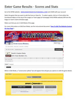 Enter Game Results - Scores and Stats