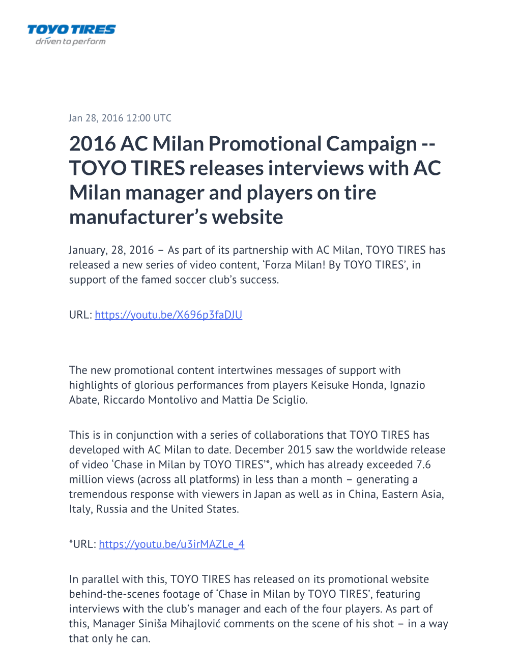 TOYO TIRES Releases Interviews with AC Milan Manager and Players on Tire Manufacturer’S Website