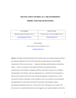 Translation Studies As a Transforming Model for the Humanities