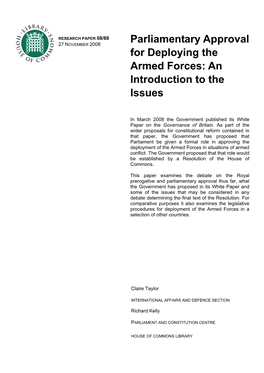 Parliamentary Approval for Deploying the Armed Forces in a Situation of Armed Conflict Should Be Set out in a Resolution of the House of Commons
