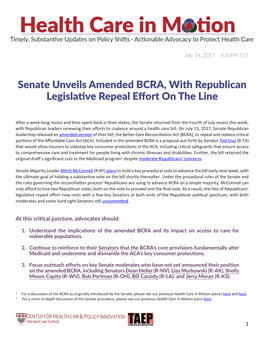 Senate Unveils Amended BCRA, with Republican Legislative Repeal Effort on the Line