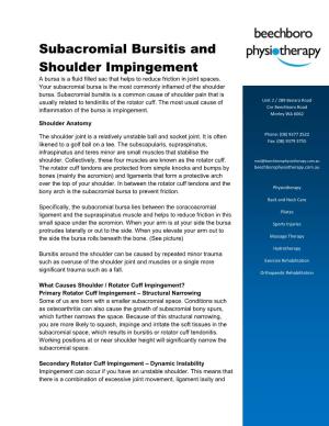 Shoulder Impingement a Bursa Is a Fluid Filled Sac That Helps to Reduce Friction in Joint Spaces
