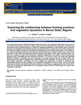 Exploring the Relationship Between Farming Practices and Vegetation Dynamics in Benue State, Nigeria