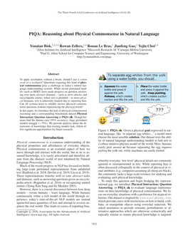 PIQA: Reasoning About Physical Commonsense in Natural Language