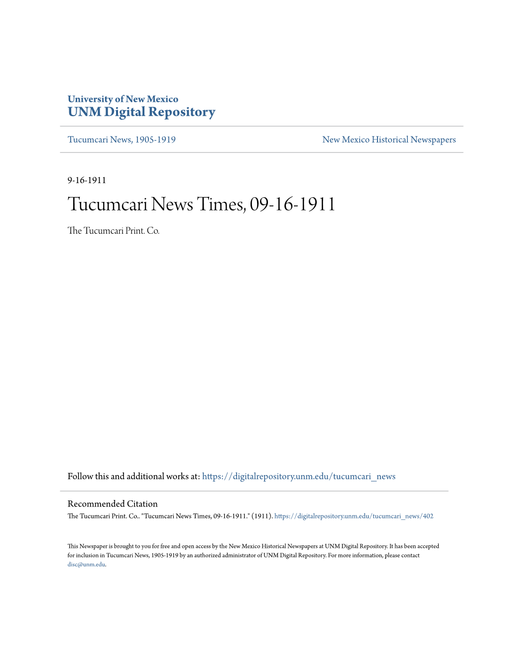 Tucumcari News Times, 09-16-1911 the Uct Umcari Print