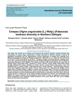 Cowpea (Vigna Unguiculata (L.) Walp.) (Fabaceae) Landrace Diversity in Northern Ethiopia