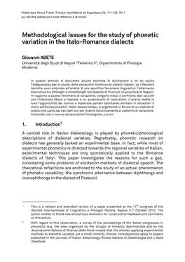 Methodological Issues for the Study of Phonetic Variation in the Italo-Romance Dialects