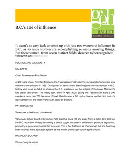 2010-10-30-The Vancouver Sun-B.C.'S 100 of Influence