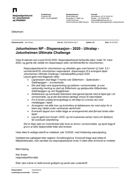 Jotunheimen NP - Dispensasjon - 2020 - Ultraløp - Jotunheimen Ultimate Challenge