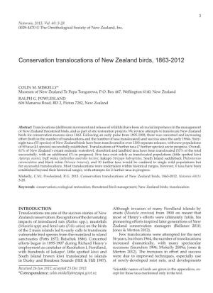 Conservation Translocations of New Zealand Birds, 1863-2012