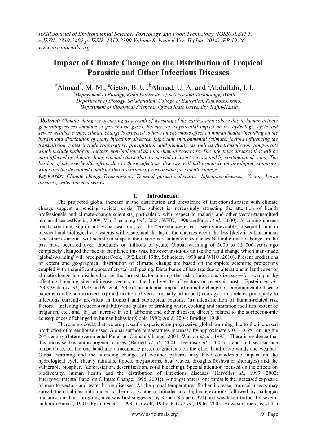 Impact of Climate Change on the Distribution of Tropical Parasitic and Other Infectious Diseases