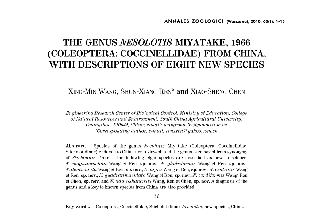 The Genus Nesolotis Miyatake, 1966 (Coleoptera: Coccinellidae) from China, with Descriptions of Eight New Species