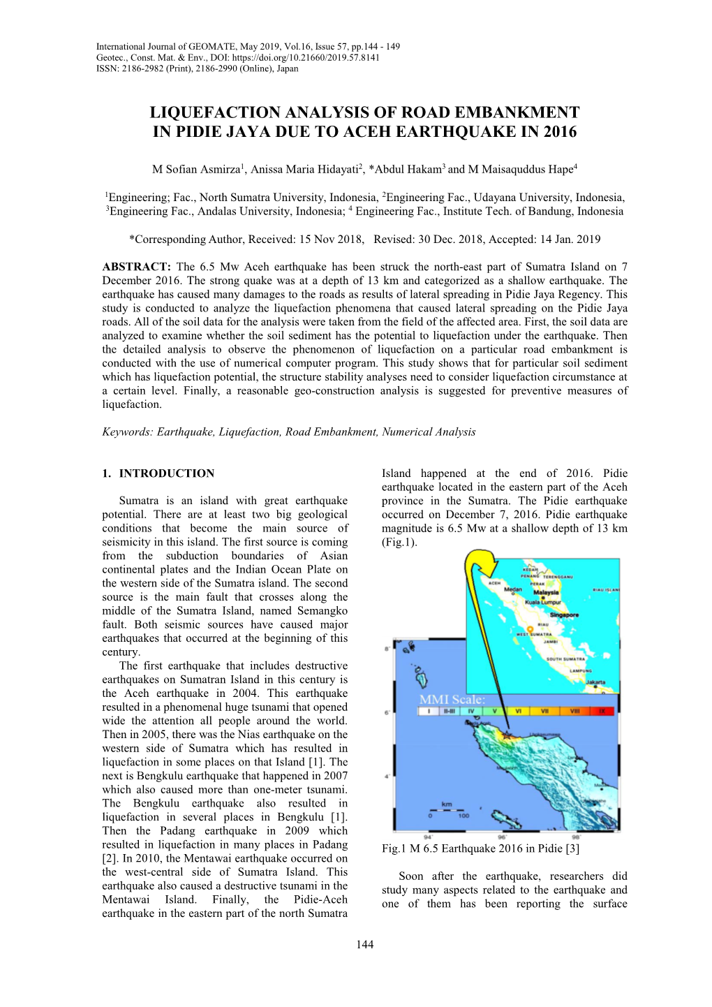 Liquefaction Analysis of Road Embankment in Pidie Jaya Due to Aceh Earthquake in 2016