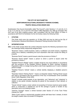 The City of Southampton (Newtown/Nicholstown) (Residents' Parking Scheme) Traffic Regulation Order 2003
