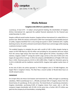 Media Release Cargolux Ends 2014 on a Positive Note