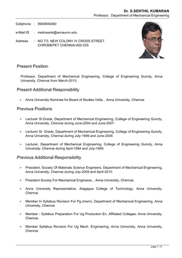 Dr. S.SENTHIL KUMARAN Professor, Department of Mechanical Engineering