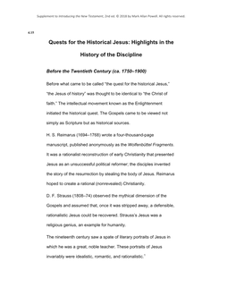 Quests for the Historical Jesus: Highlights in The