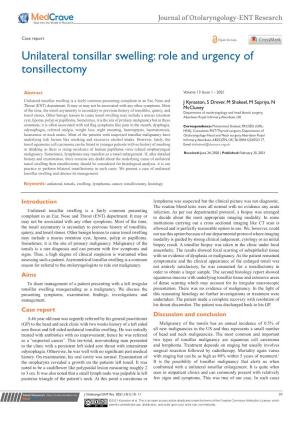 Unilateral Tonsillar Swelling: Role and Urgency of Tonsillectomy
