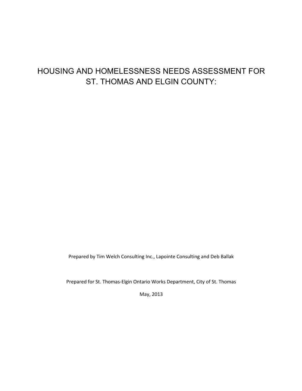 Housing and Homelessness Needs Assessment for St. Thomas and Elgin County