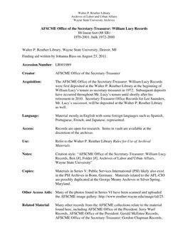 AFSCME Office of the Secretary-Treasurer: William Lucy Records 88 Linear Feet (88 SB) 1970-2001, Bulk 1972-2000